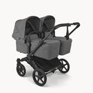 Bugaboo Donkey 6 twin stroller black base, moon grey fabrics, moon grey sun canopy