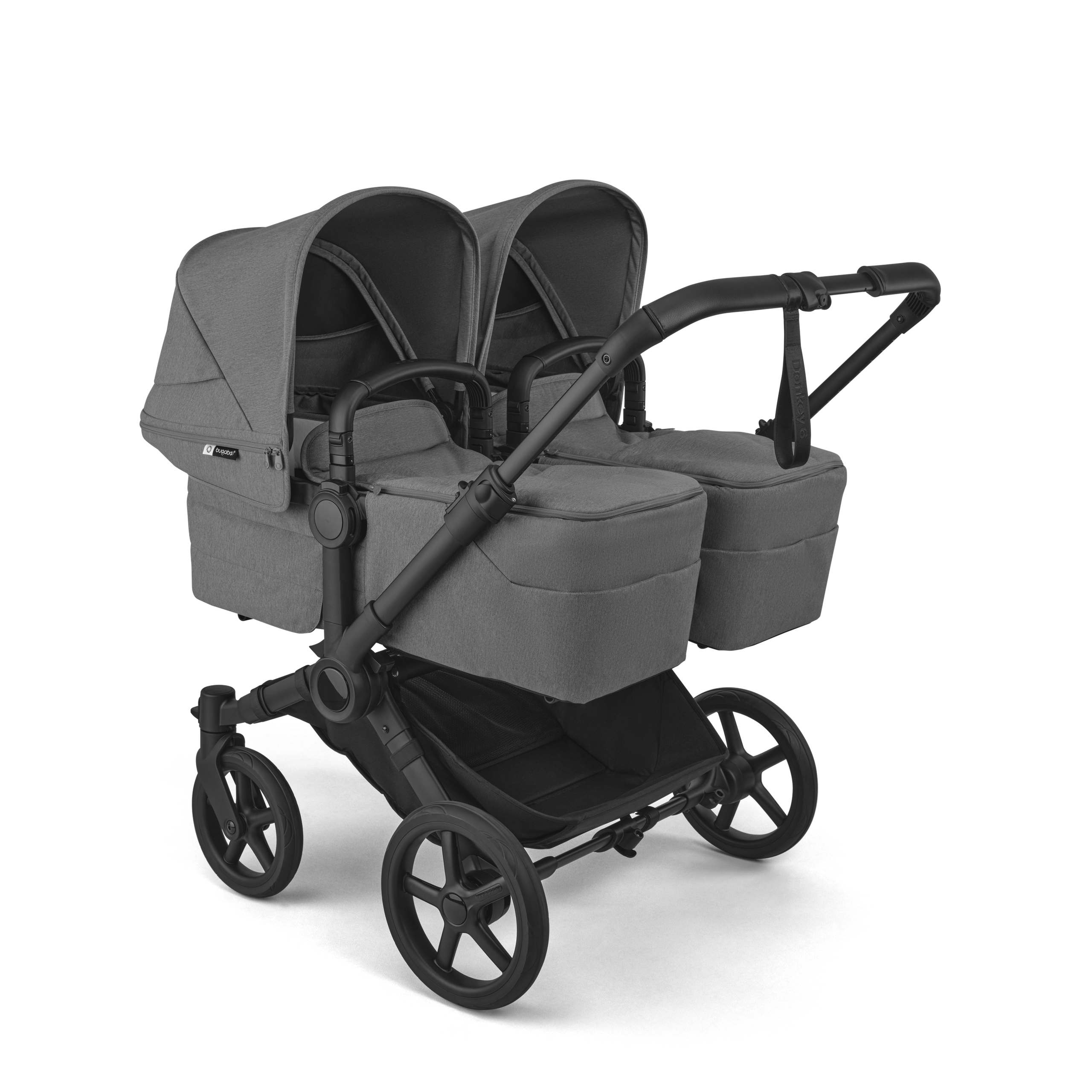 Bugaboo Donkey 6 twin stroller black base, moon grey fabrics, moon grey sun canopy view 1 - Thumbnail Slide 1 of 9