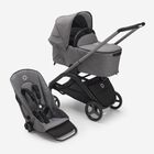 Passeggino con seduta e navicella Bugaboo Dragonfly con telaio graphite, tessuti grey melange e cappottina grey melange.