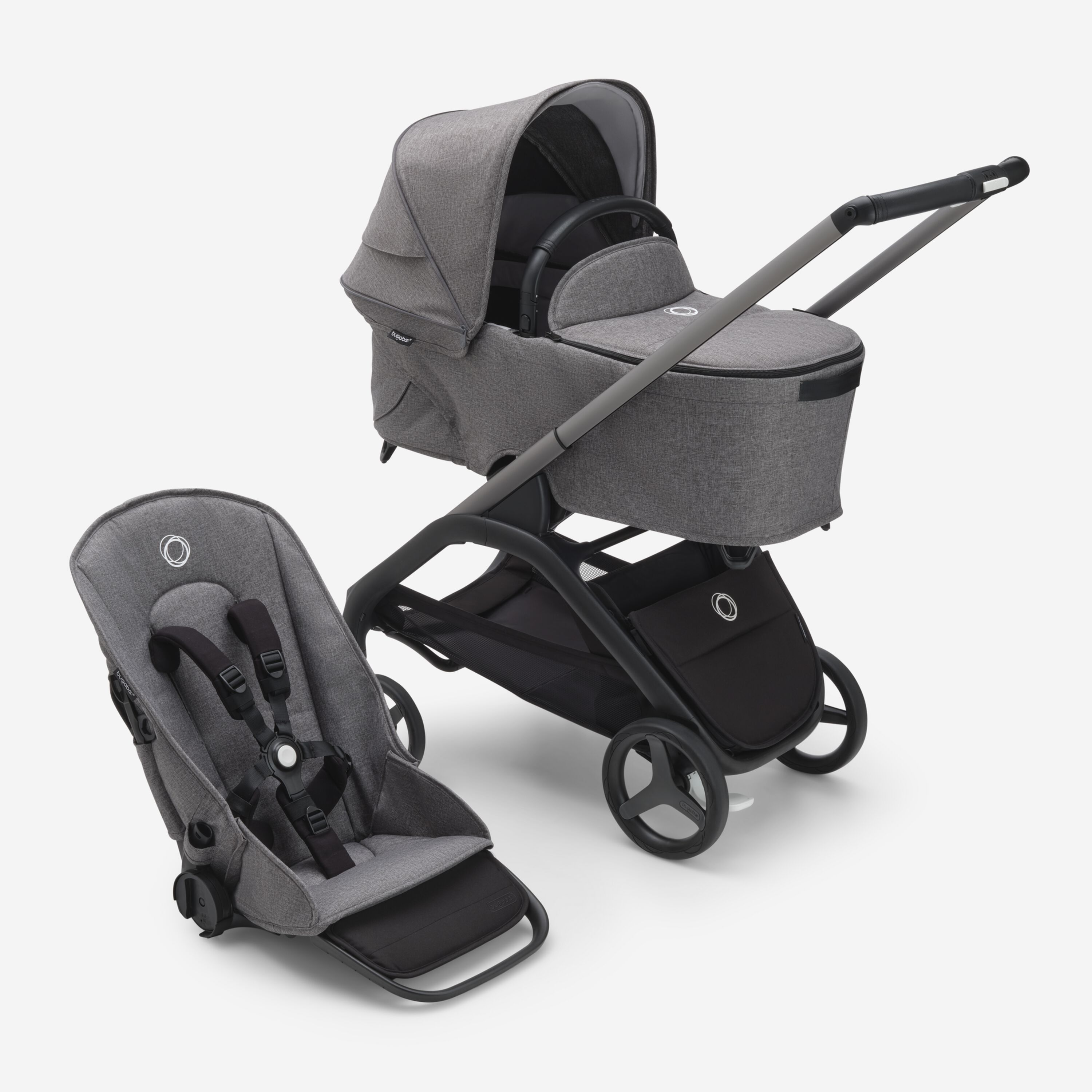 Passeggino con seduta e navicella Bugaboo Dragonfly con telaio graphite, tessuti grey melange e cappottina grey melange. - Main Modal Image Slide 1 of 16