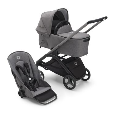 Poussette siège et nacelle Bugaboo Dragonfly avec châssis graphite, habillages gris chiné et capote gris chiné.