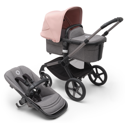 Bugaboo Fox 5 bassinet and seat stroller with graphite chassis, grey melange fabrics and morning pink sun canopy.