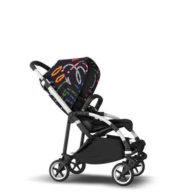 Bugaboo Bee 6 seat stroller aluminium base, black fabrics, art of discovery dark blue sun canopy