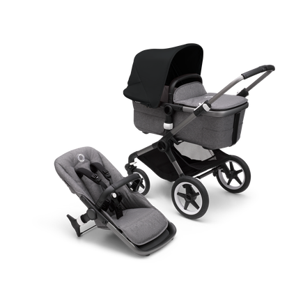 Bugaboo Fox 3 bassinet and seat stroller with graphite frame, grey melange fabrics, and black sun canopy. - view 1