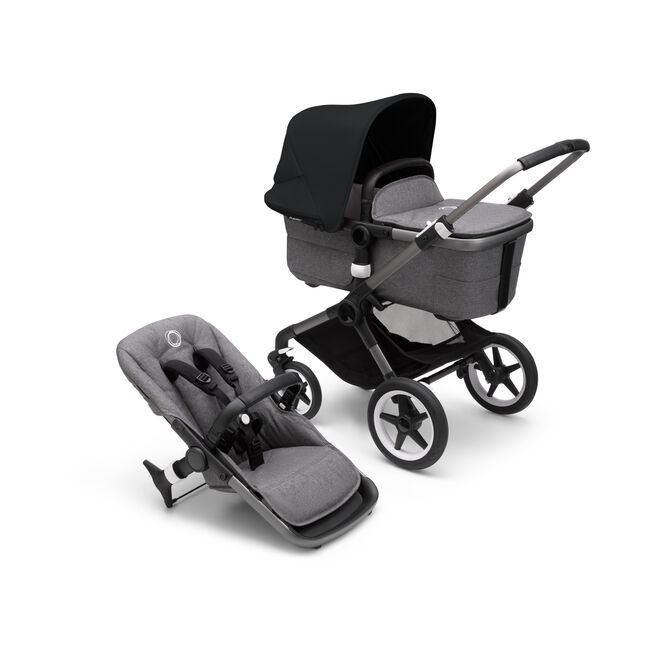 Bugaboo Fox 3 carrycot and seat pushchair with graphite frame, grey melange fabrics, and black sun canopy. - Main Image Slide 1 of 7