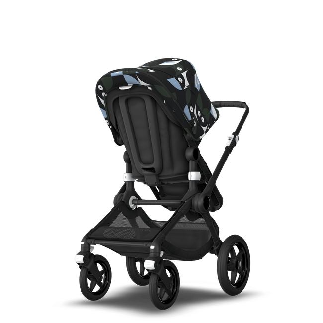 Bugaboo Fox 3 bassinet and seat stroller black base, midnight black fabrics, animal explorer green/ light blue sun canopy