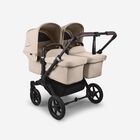Bugaboo Donkey 5 twin stroller black base, desert taupe fabrics, desert taupe sun canopy