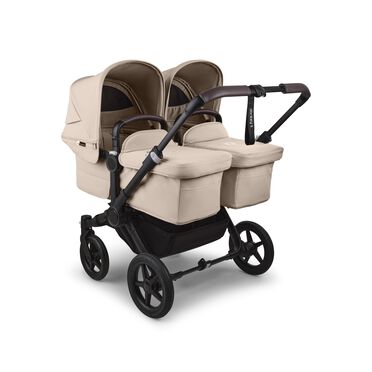 Bugaboo Donkey 5 twin stroller black base, desert taupe fabrics, desert taupe sun canopy