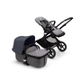 Bugaboo Fox 3 bassinet and seat stroller with black frame, grey fabrics, and stormy blue sun canopy.