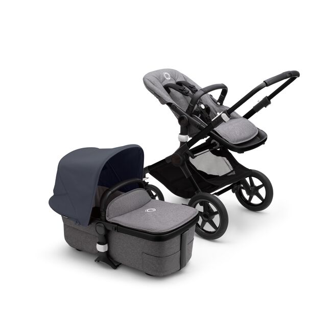 Bugaboo Fox 3 bassinet and seat stroller with black frame, grey fabrics, and stormy blue sun canopy. - Main Image Slide 5 of 7