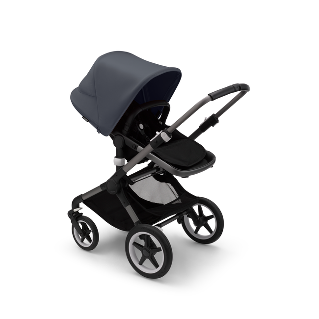 Bugaboo Fox 3 seat stroller with graphite frame, black fabrics, and stormy blue sun canopy.