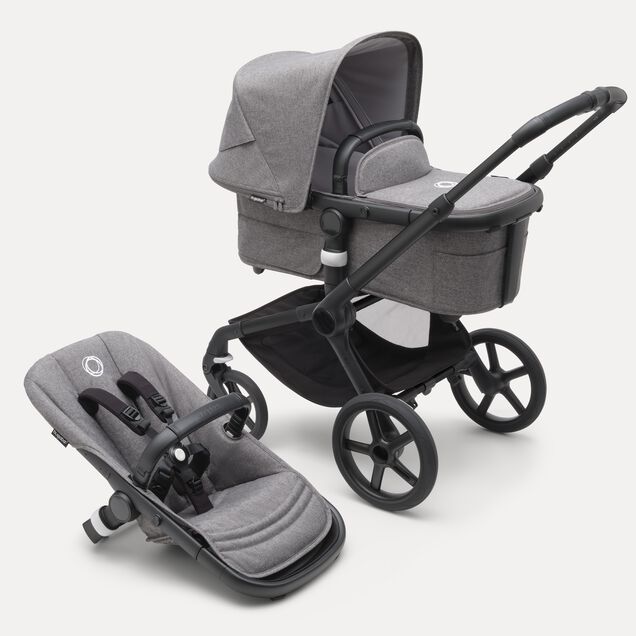 Bugaboo Fox 5 bassinet and seat stroller black base, grey melange fabrics, grey melange sun canopy - Main Image Slide 1 of 8
