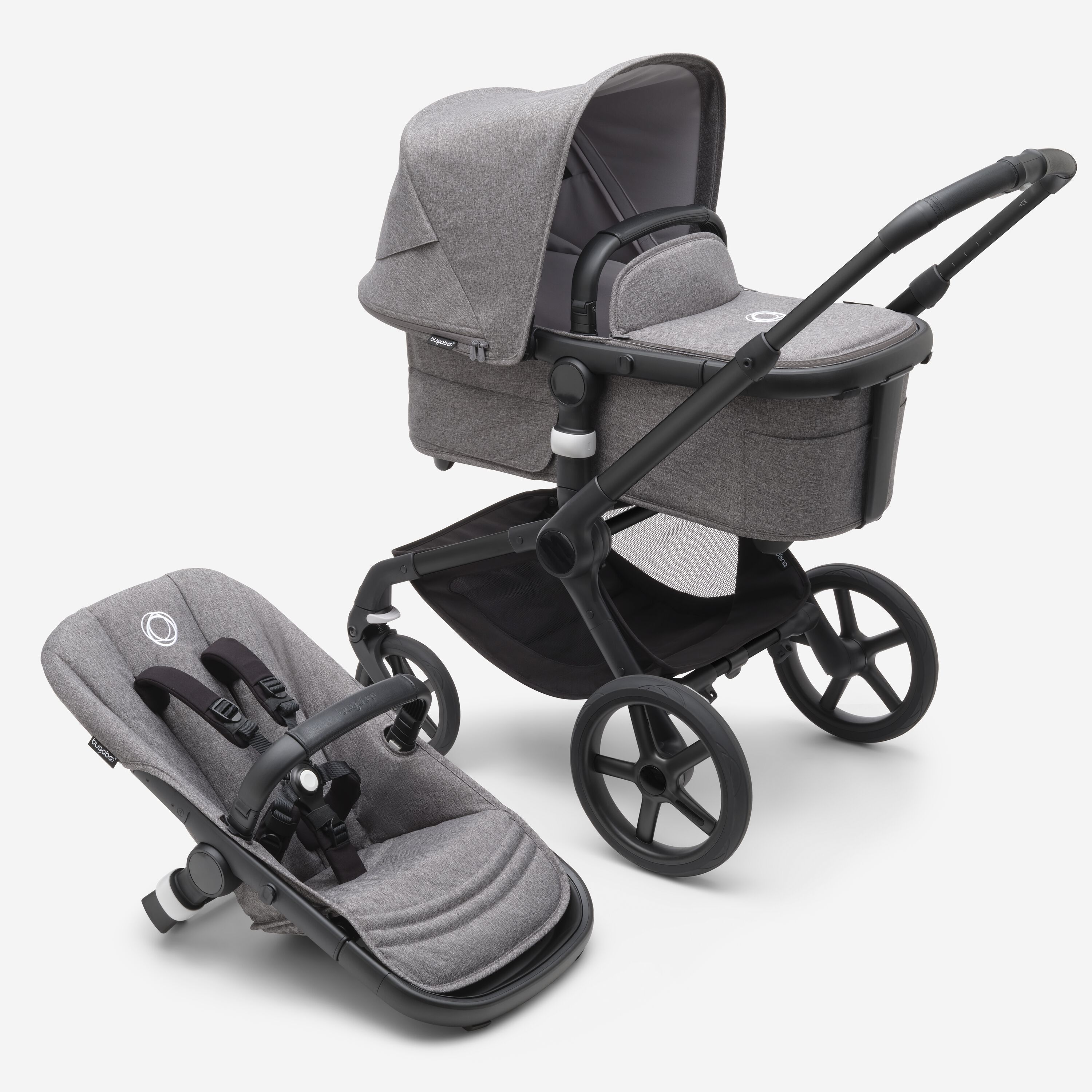 Bugaboo Fox 5 bassinet and seat stroller black base, grey melange fabrics, grey melange sun canopy - Main Modal Image Slide 1 van 8