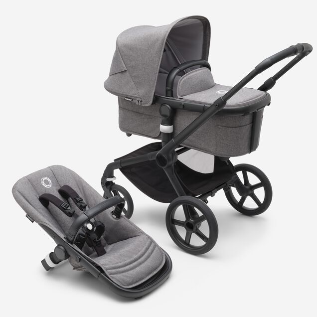 Bugaboo Fox 5 bassinet and seat stroller black base, grey melange fabrics, grey melange sun canopy - Main Image Slide 1 van 8