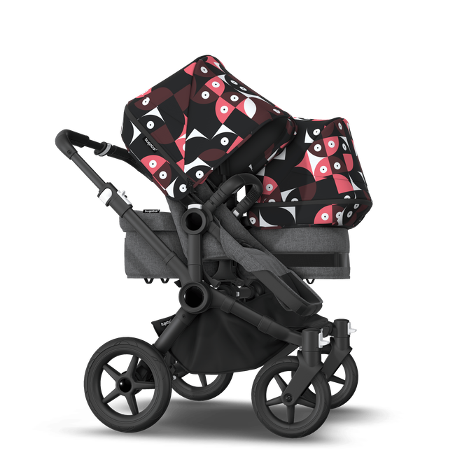 Bugaboo Donkey 5 Duo bassinet and seat stroller black base, grey mélange fabrics, animal explorer pink/ red sun canopy