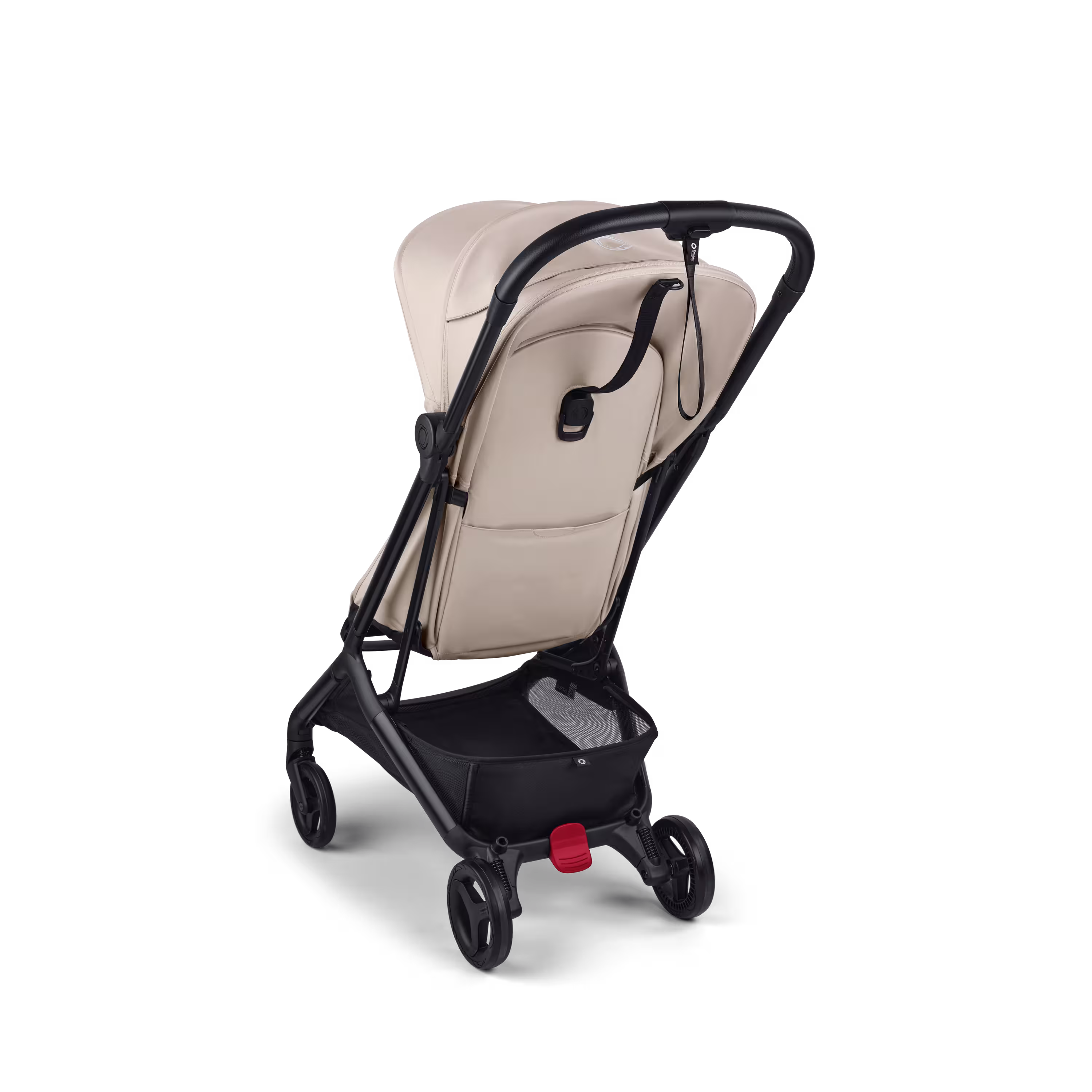 View from the back of a Bugaboo Butterfly 2 ultra-compact travel pram with black chassis, Desert Taupe fabrics, and Desert Taupe sun canopy. - Main Modal Image Slide 3 of 9