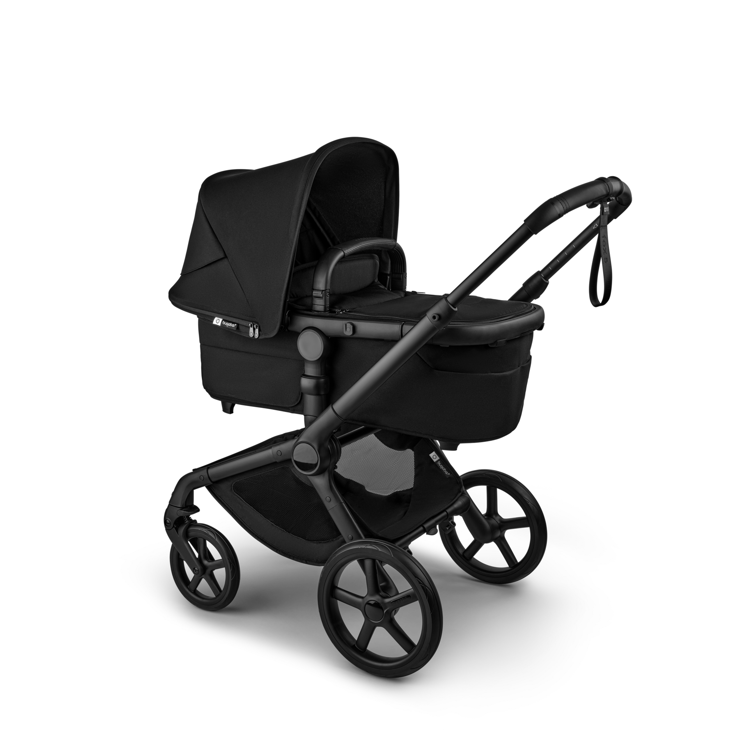 Bugaboo Fox 5 Renew bassinet newborn stroller, with black chassis, Heritage Black fabrics, and Heritage Black sun canopy. - Thumbnail Slide 2 of 12