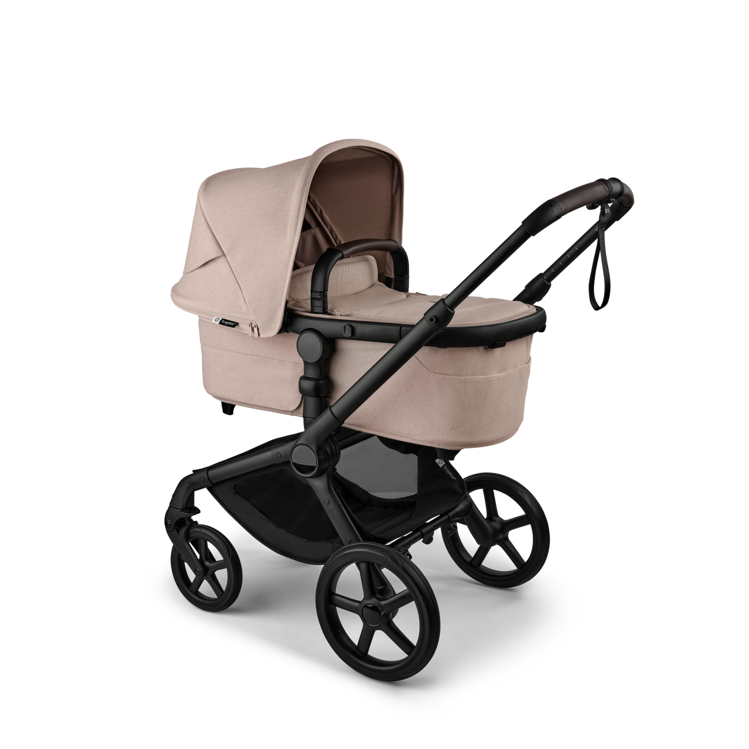 Bugaboo Fox 5 Renew carrycot baby pushchair, with black chassis, Desert Taupe Mélange fabrics, and Desert Taupe Mélange sun canopy. - Thumbnail Slide 2 of 12