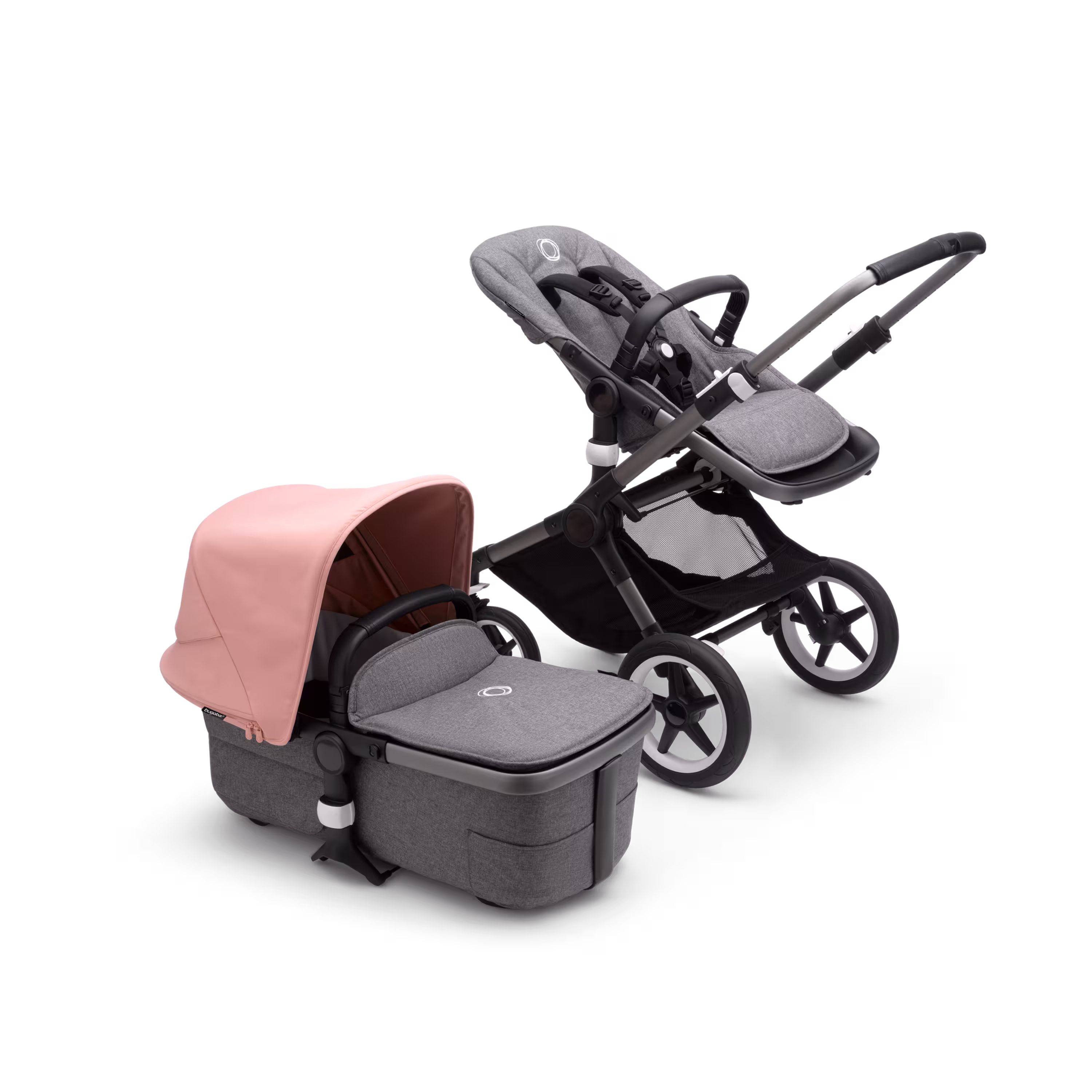 Bugaboo Fox 3 bassinet and seat stroller with graphite frame, grey fabrics, and pink sun canopy. - Main Modal Image Slide 6 of 7