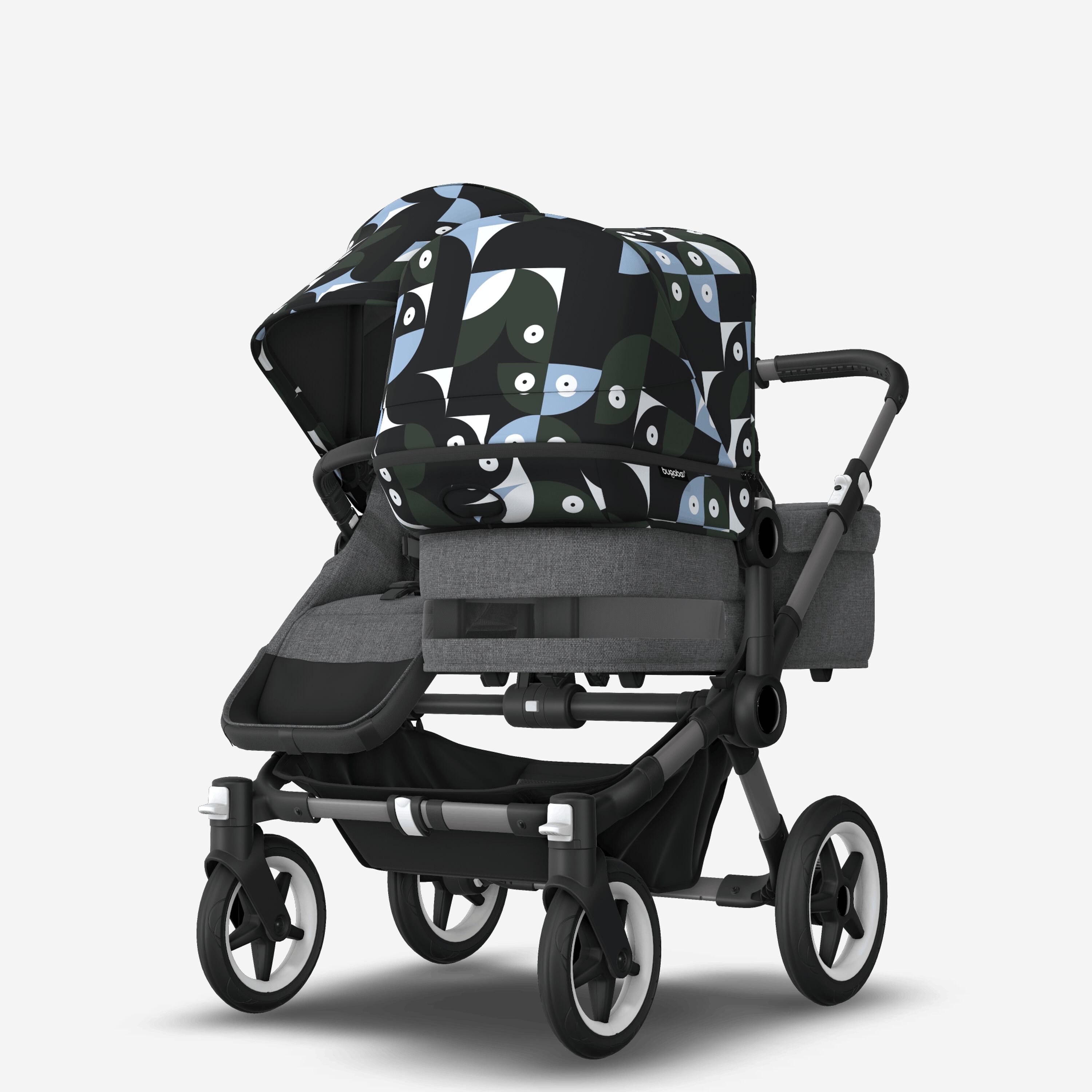 Bugaboo Donkey 5 Duo double stroller graphite base, grey mélange fabrics, animal explorer green/ light blue sun canopy - Main Modal Image Slide 3 of 10