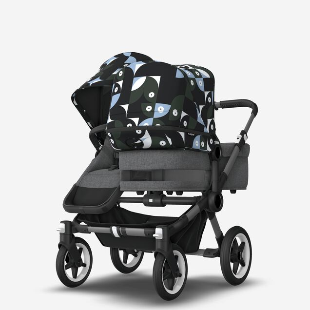 Bugaboo Donkey 5 Duo double stroller graphite base, grey mélange fabrics, animal explorer green/ light blue sun canopy - Main Image Slide 3 of 10