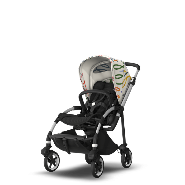 Bugaboo Bee 6 seat stroller aluminium base, black fabrics, art of discovery white sun canopy