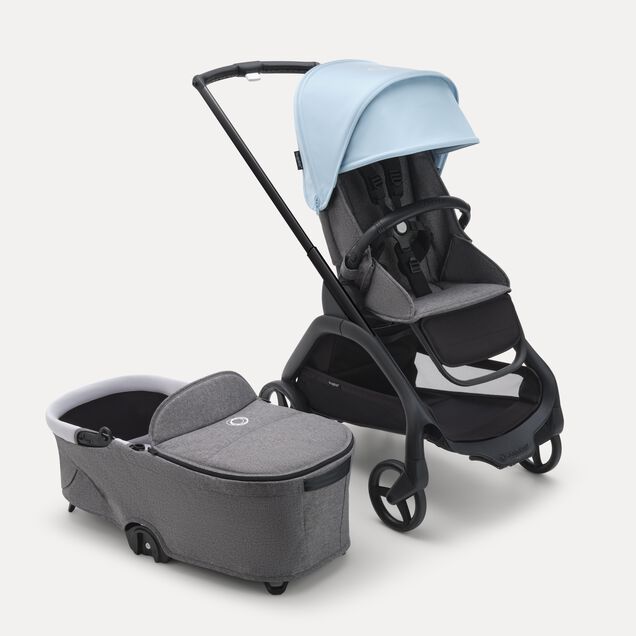 Refurbished Bugaboo Dragonfly bassinet and seat stroller black base, grey melange fabrics, skyline blue sun canopy - Main Image Slide 2 of 2