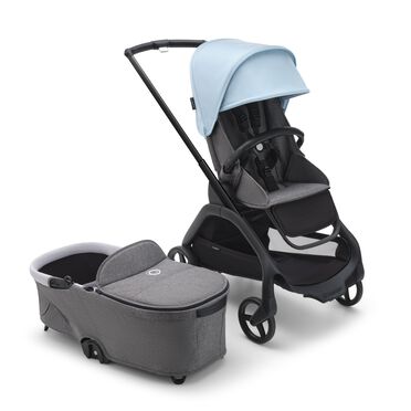 Refurbished Bugaboo Dragonfly bassinet and seat stroller black base, grey melange fabrics, skyline blue sun canopy - view 2