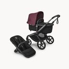 Bugaboo Fox 5 Renew bassinet and seat 2-in-1 stroller, with graphite chassis, Heritage Black fabrics, and Dark Cherry sun canopy.