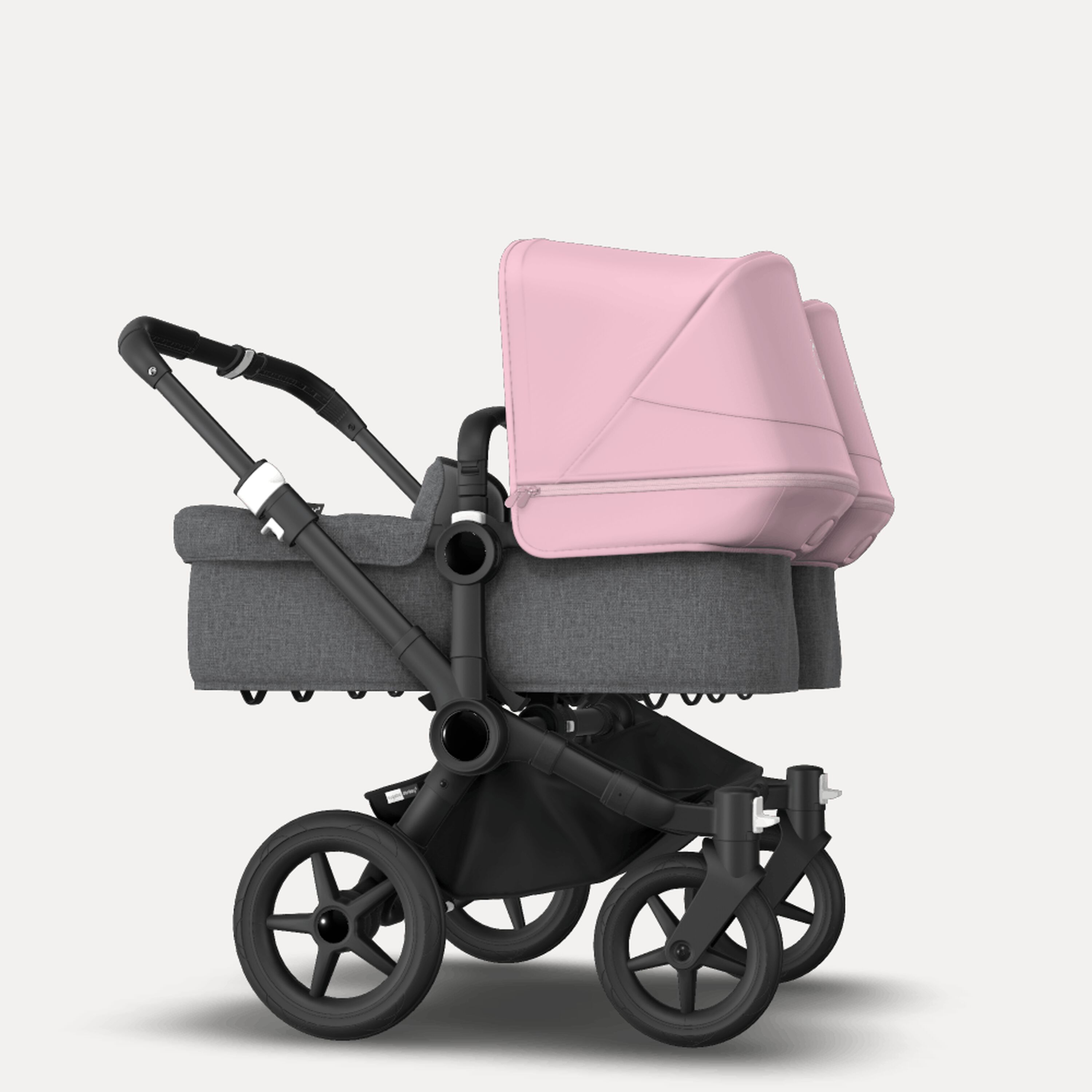 Bugaboo Donkey 3 Twin seat and carrycot pushchair soft pink sun canopy, grey melange fabrics, black base - Main Modal Image Slide 4 of 9