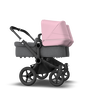 Bugaboo Donkey 3 Twin seat and carrycot pushchair soft pink sun canopy, grey melange fabrics, black base - Thumbnail Slide 4 of 9