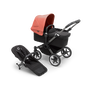 Bugaboo Donkey 5 Mono bassinet stroller with graphite chassis, midnight black fabrics and sunrise red sun canopy, plus seat. - Thumbnail Slide 1 of 13