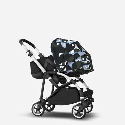 Bugaboo Bee 6 bassinet and seat stroller aluminium base, black fabrics, animal explorer green/ light blue sun canopy