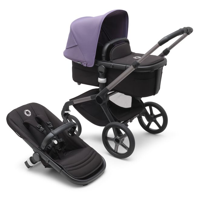 Bugaboo Fox 5 carrycot and seat pushchair with graphite chassis, midnight black fabrics and astro purple sun canopy.