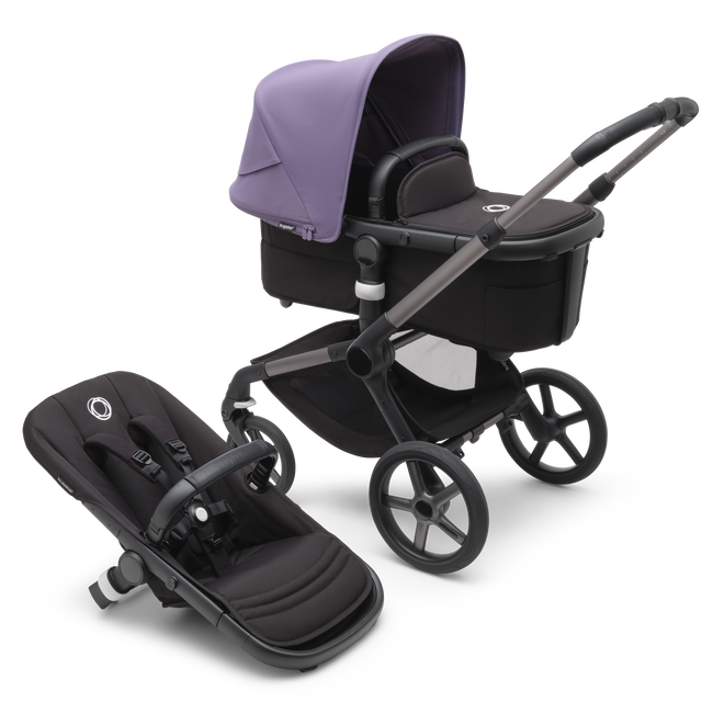 Bugaboo Fox 5 carrycot and seat pushchair with graphite chassis, midnight black fabrics and astro purple sun canopy.