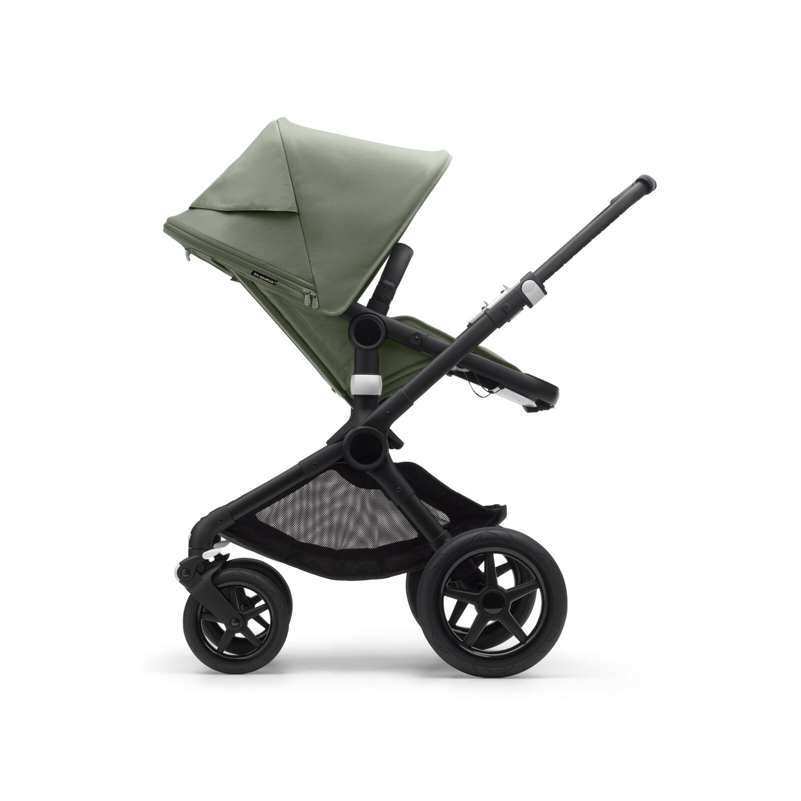Side view of a Bugaboo Fox 3 seat stroller with black frame, forest green fabrics, and forest green sun canopy.
