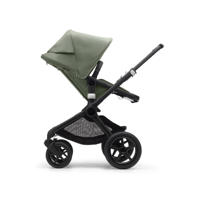 Side view of a Bugaboo Fox 3 seat stroller with black frame, forest green fabrics, and forest green sun canopy.