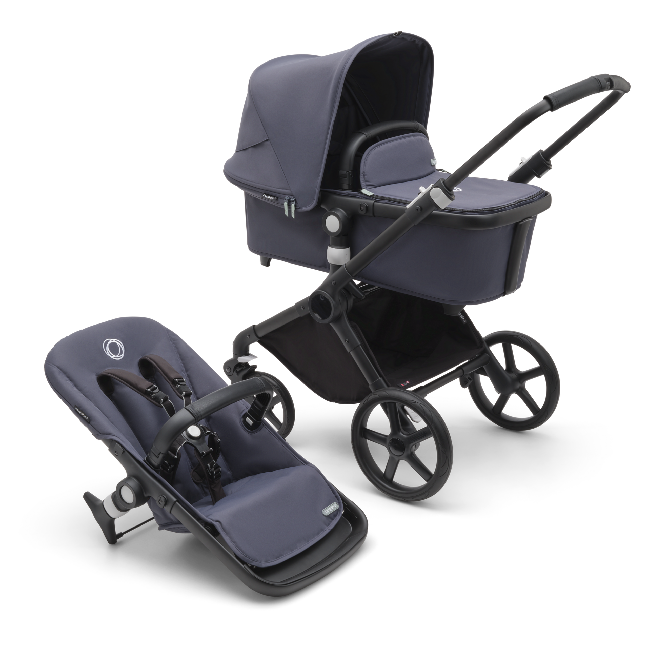 Bugaboo Fox Cub 2-in-1 stroller black base, stormy blue fabrics, stormy blue sun canopy - Thumbnail Slide 1 of 12