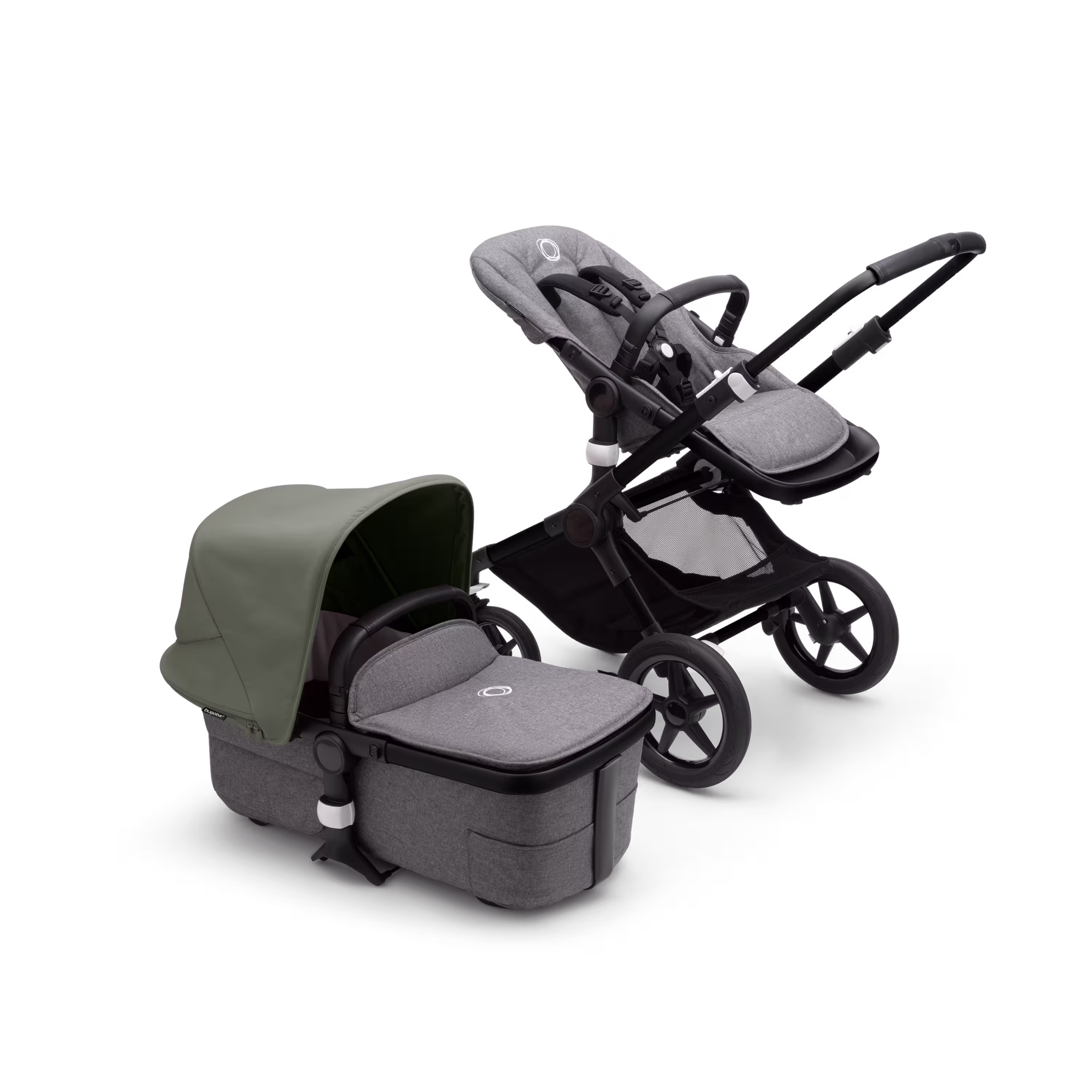 Bugaboo Fox 3 bassinet and seat stroller with black frame, grey melange fabrics, and forest green sun canopy. - Main Modal Image Slide 5 of 7