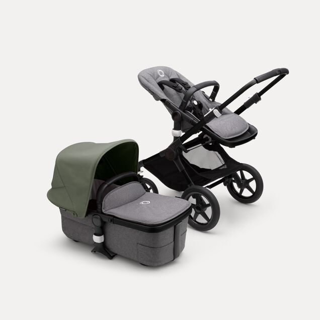 Bugaboo Fox 3 bassinet and seat stroller with black frame, grey melange fabrics, and forest green sun canopy. - Main Image Slide 5 of 7
