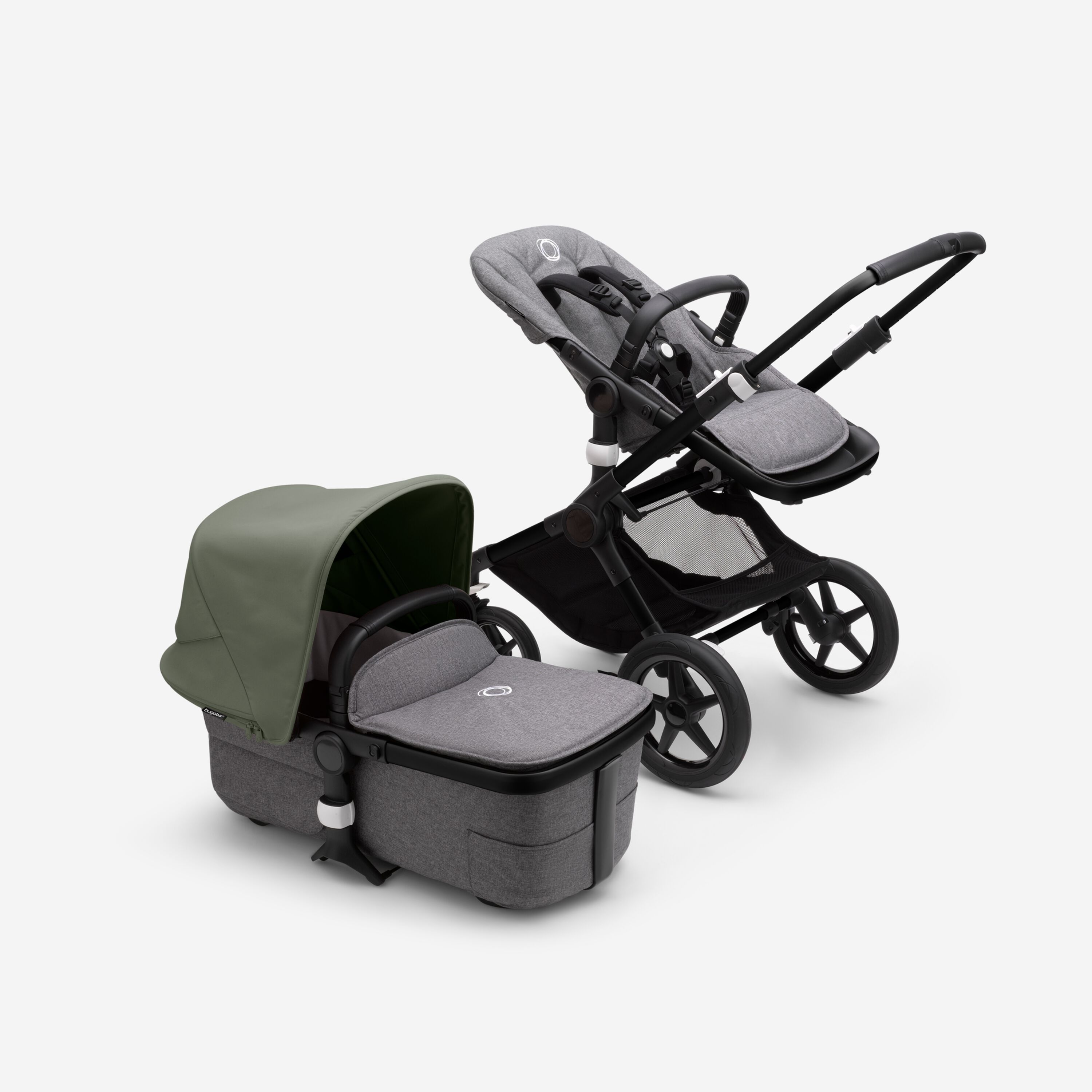 Bugaboo Fox 3 bassinet and seat stroller with black frame, grey melange fabrics, and forest green sun canopy. - Main Modal Image Slide 5 of 7