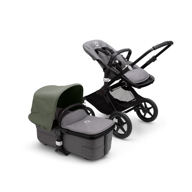 Bugaboo Fox 3 bassinet and seat stroller with black frame, grey melange fabrics, and forest green sun canopy. - Main Image Slide 5 of 7