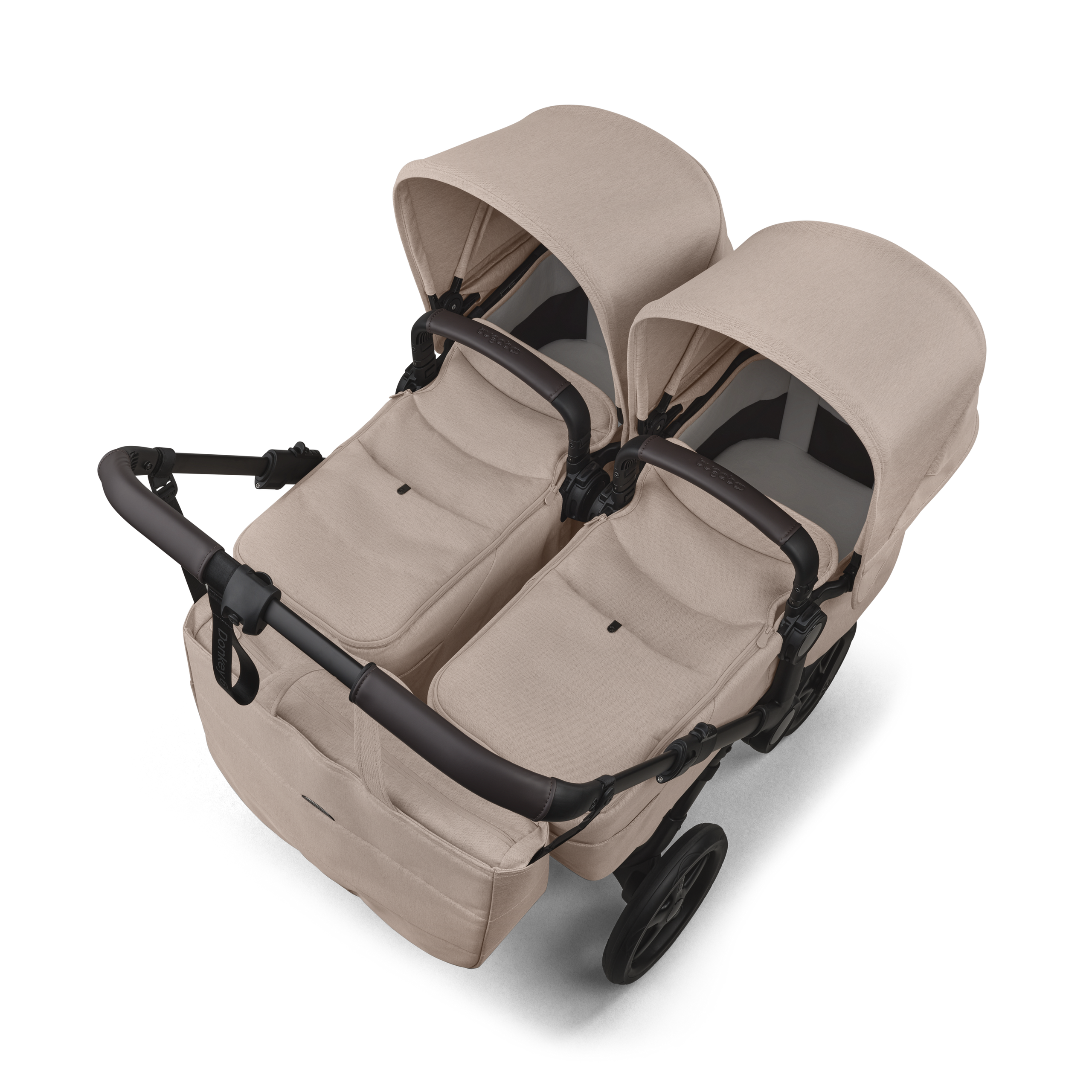 Bugaboo Donkey 6 twin stroller black base, desert taupe melange fabrics, desert taupe melange sun canopy view 3 - Thumbnail Slide 3 of 9