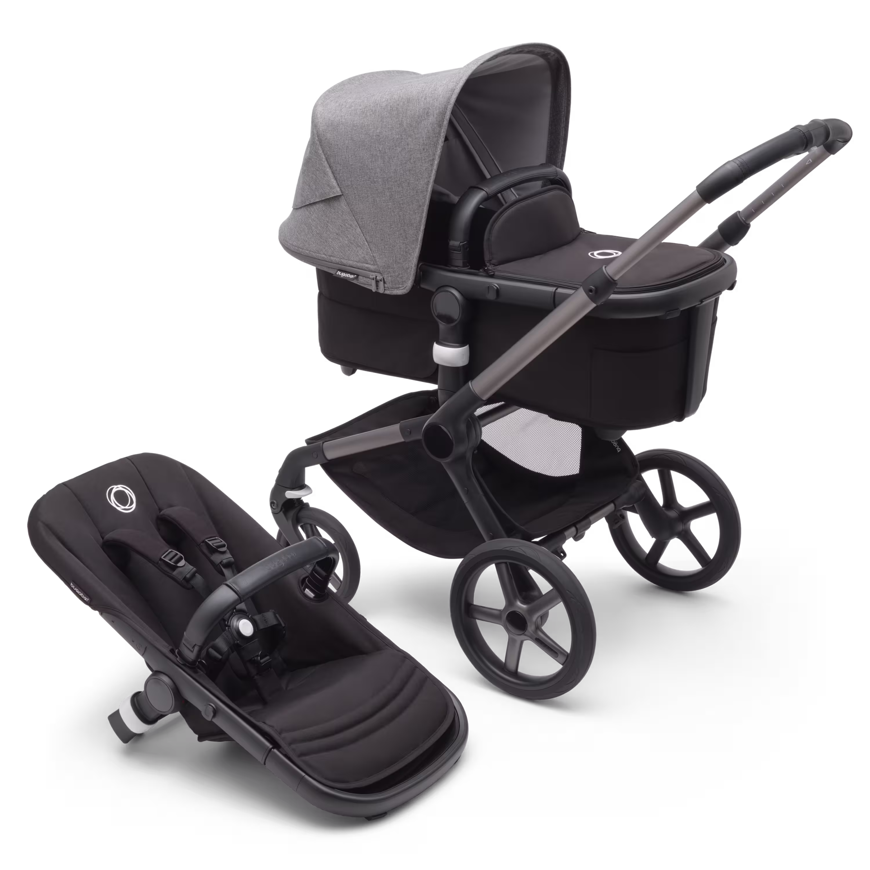 Bugaboo Fox 5 carrycot and seat pushchair with graphite chassis, midnight black fabrics and grey melange sun canopy. - Main Modal Image Slide 1 of 13