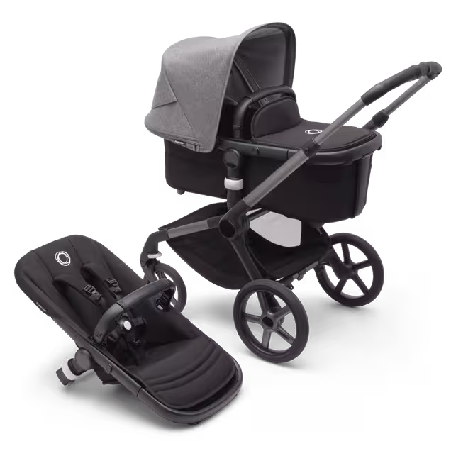 Bugaboo Fox 5 carrycot and seat pushchair with graphite chassis, midnight black fabrics and grey melange sun canopy. - Main Image Slide 1 of 13
