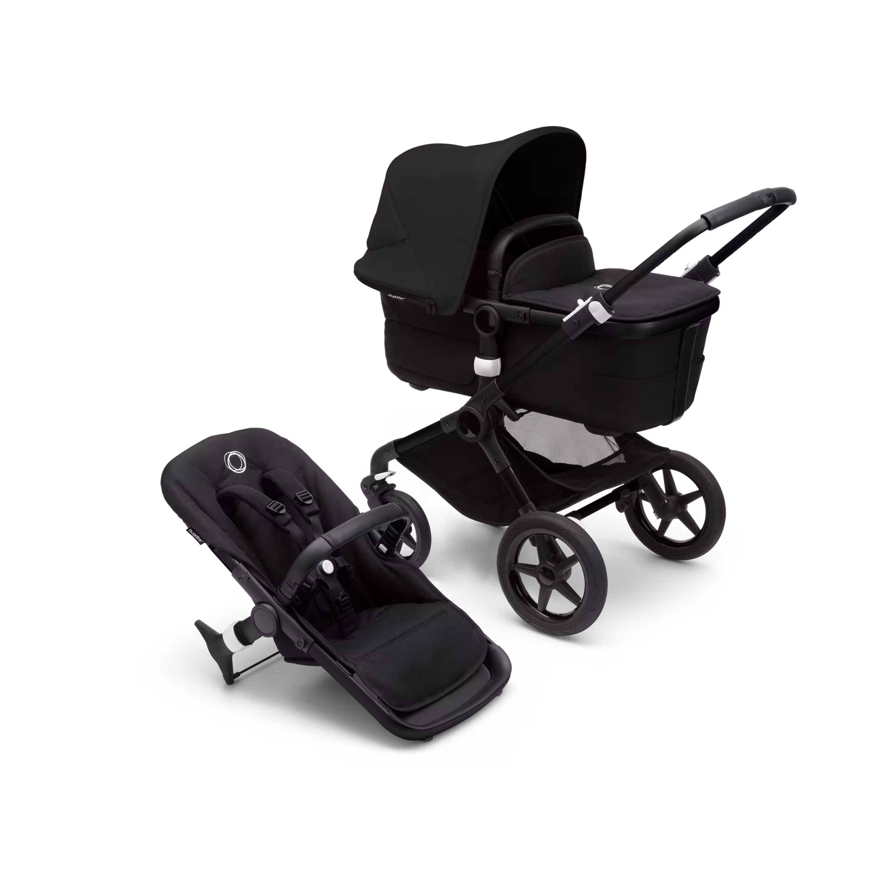 Bugaboo Fox 3 bassinet and seat stroller with black frame, black fabrics, and black sun canopy. - Main Modal Image Slide 1 of 7