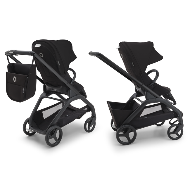 The Bugaboo Dragonfly's rear pocket with multiple placements: on the handlebar or behind the underseat basket.