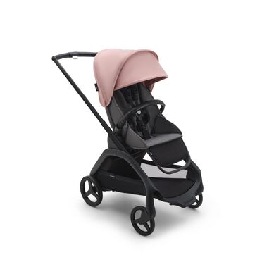 Bugaboo Dragonfly seat stroller with black chassis, grey melange fabrics and morning pink sun canopy.