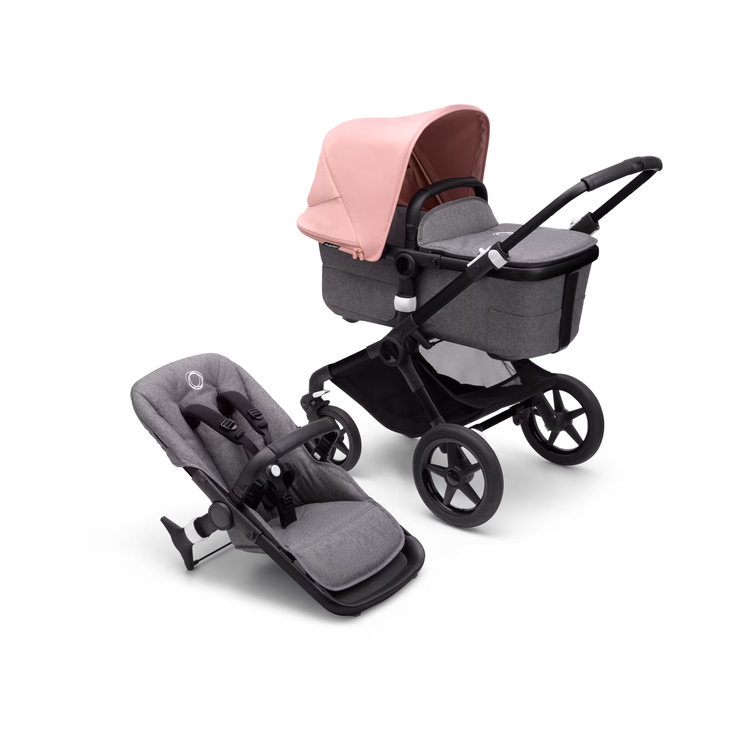 Bugaboo Fox 3 bassinet and seat stroller with black frame, grey fabrics, and pink sun canopy. - Main Modal Image Slide 1 of 7