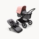 Bugaboo Fox 3 bassinet and seat stroller black base, grey melange fabrics, morning pink sun canopy